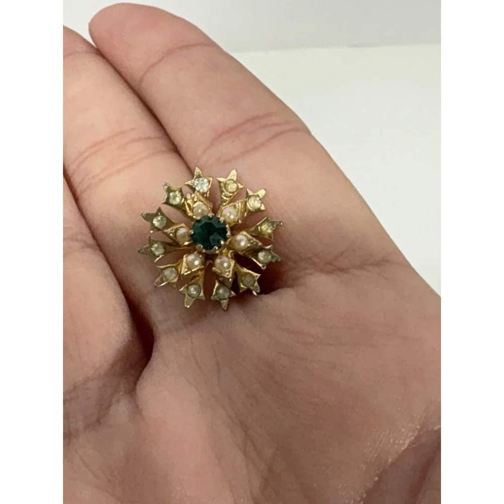 Vintage Coro Stardust Green Stone Faux Pearl Crystals Gold Tone Baroque Brooch